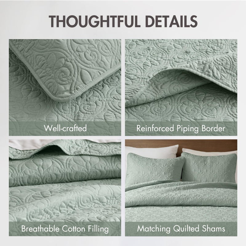 Madison Park Quebec King Size Quilt Bedding Set - Seafoam , Damask â€“ 3 Piece Bedding Quilt Coverlets â€“ Ultra Soft Microfiber Bed Quilts Quilted Coverlet - Image 4